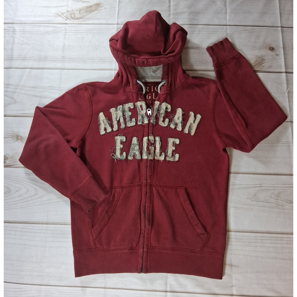 American Eagle Outfitters Hoodie XS/TP Red Full Zip Vintage Fit Distressed Y2k